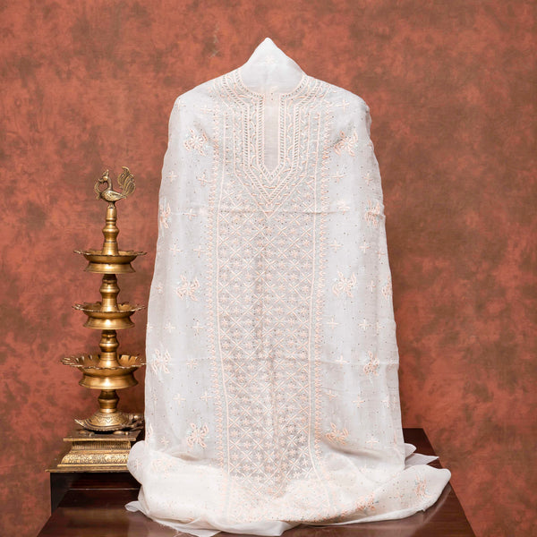 Organza Silk Chikankari Kurta Fabric With Mukaish & Organza Silk Chikankari Dupatta