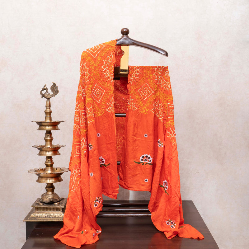 Sunburst Orange Chanderi Shibori Kurta Set with Embroidered Gajji Silk Bandhej Dupatta