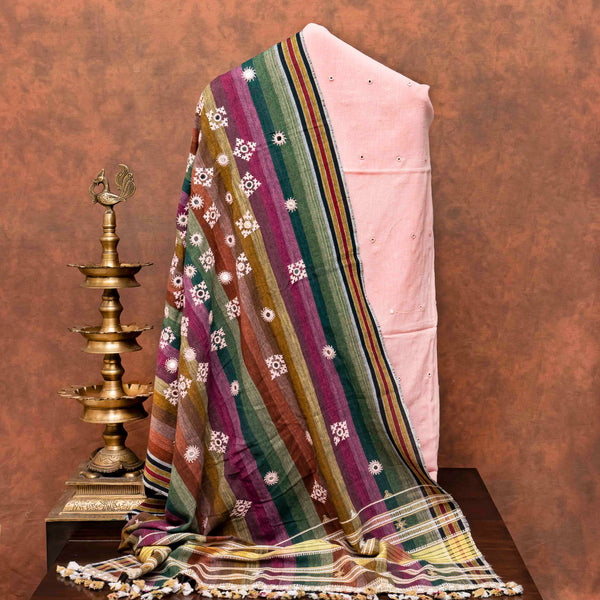 Handloom Kala Cotton Kurta Fabric With Mirror Work,  Handloom Kala Cotton Bottom Fabric & Handloom Kala Cotton Coloured Stripes With Hand Embroidery Dupatta
