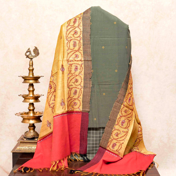 Handloom Kala Cotton Kurta Fabric, Bottom Fabric & Handloom Tussar Silk Dupatta With Kashmiri Hand Embroidery