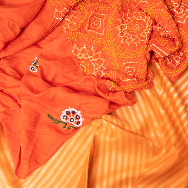 Sunburst Orange Chanderi Shibori Kurta Set with Embroidered Gajji Silk Bandhej Dupatta