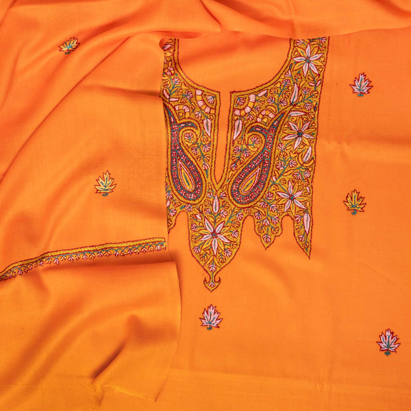 Woollen Kashmiri Hand Embroidered Kurta Fabric, Woollen Plain Bottom & Wollen Hand Embroidered Stole