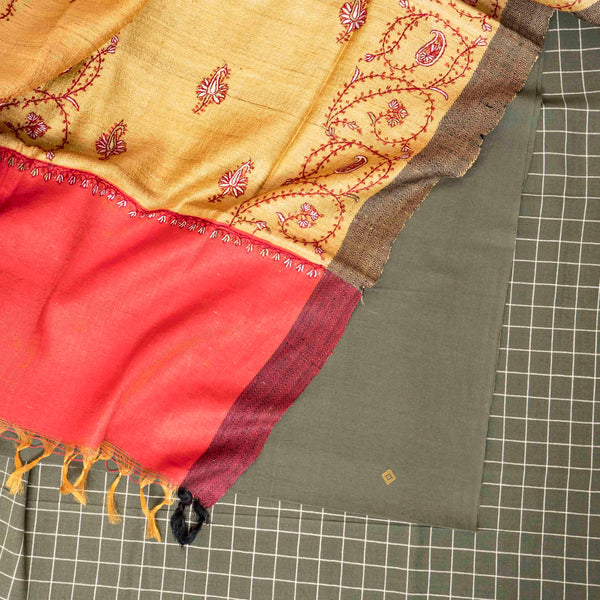 Handloom Kala Cotton Kurta Fabric, Bottom Fabric & Handloom Tussar Silk Dupatta With Kashmiri Hand Embroidery