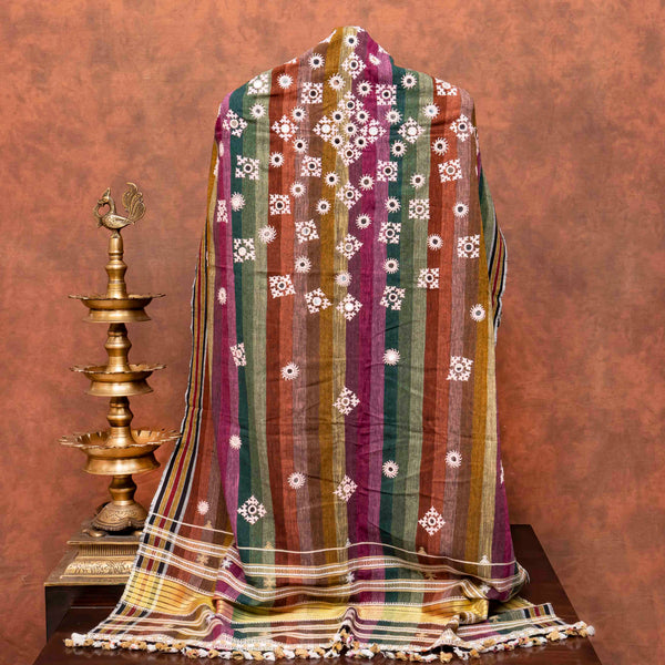 Handloom Kala Cotton Kurta Fabric With Mirror Work,  Handloom Kala Cotton Bottom Fabric & Handloom Kala Cotton Coloured Stripes With Hand Embroidery Dupatta