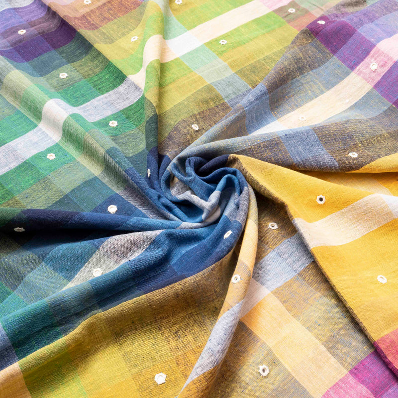 Handloom Kala Cotton Multicoloured Check Kurta Fabric With Mirror Work