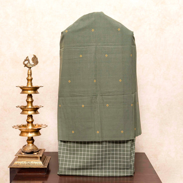 Handloom Kala Cotton Kurta Fabric, Bottom Fabric & Handloom Tussar Silk Dupatta With Kashmiri Hand Embroidery