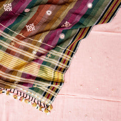 Handloom Kala Cotton Kurta Fabric With Mirror Work,  Handloom Kala Cotton Bottom Fabric & Handloom Kala Cotton Coloured Stripes With Hand Embroidery Dupatta