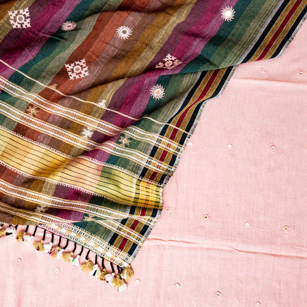 Handloom Kala Cotton Kurta Fabric With Mirror Work,  Handloom Kala Cotton Bottom Fabric & Handloom Kala Cotton Coloured Stripes With Hand Embroidery Dupatta