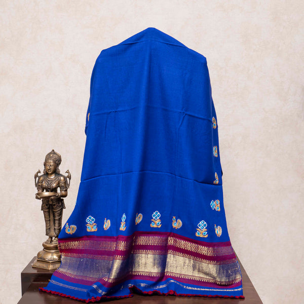 Handwoven Woollen Royal Blue Shawl With Mirror Work