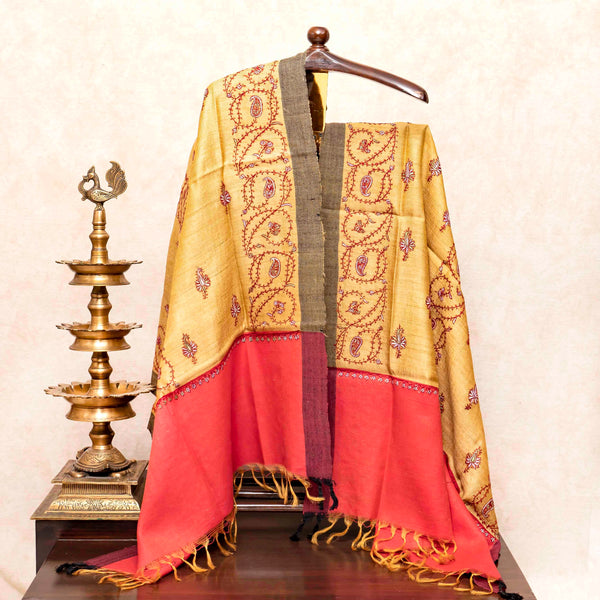 Handloom Kala Cotton Kurta Fabric, Bottom Fabric & Handloom Tussar Silk Dupatta With Kashmiri Hand Embroidery