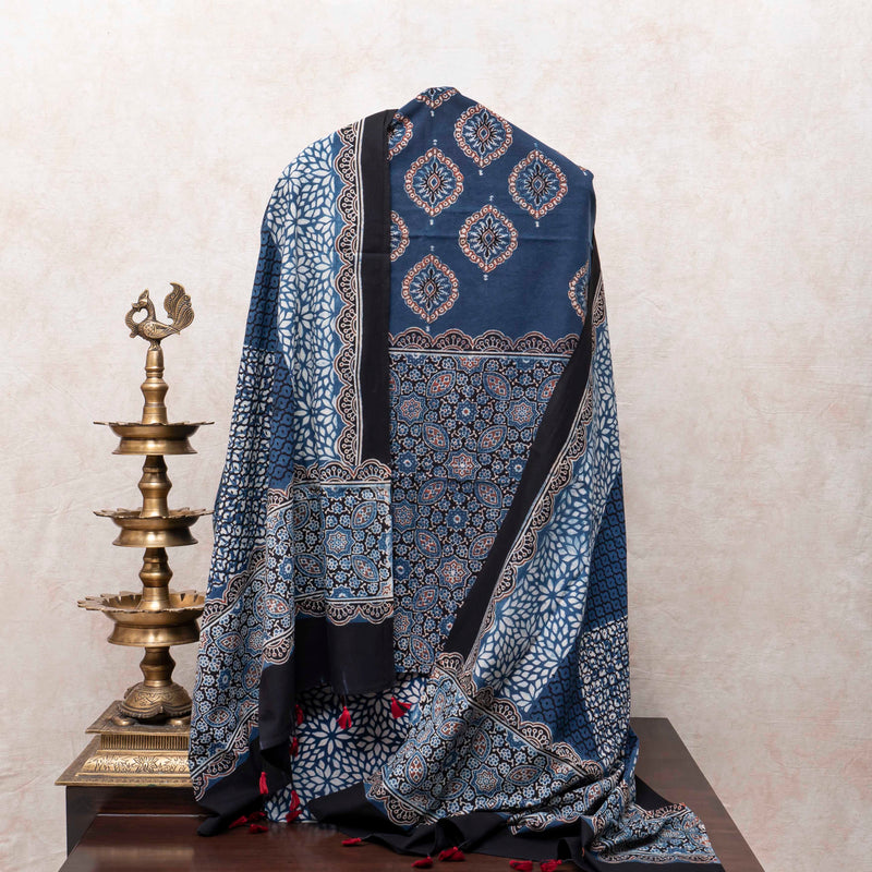 Midnight Mosaic: Hand Block Ajrakh Cotton Three-Piece Suit Set