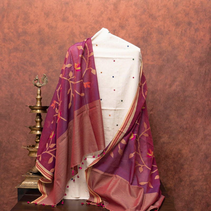 Handloom Kala Cotton Kurta With Hand Embroidered Multicoloured Mirror, Kala Cotton Bottom & Handloom Full Jaal Jamdani Dupatta
