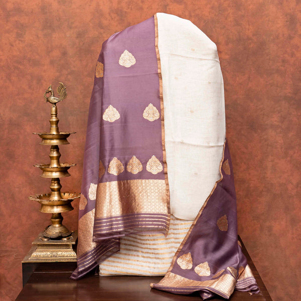 Handloom Linen Kurta Fabric, Handloom Linen Bottom Fabric With Golden Stripes & Handloom Cotton Silk Dupatta With Kadwa Weave