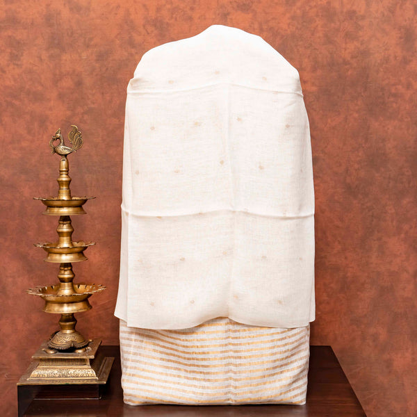 Handloom Linen Kurta Fabric, Handloom Linen Bottom Fabric With Golden Stripes & Handloom Cotton Silk Dupatta With Kadwa Weave