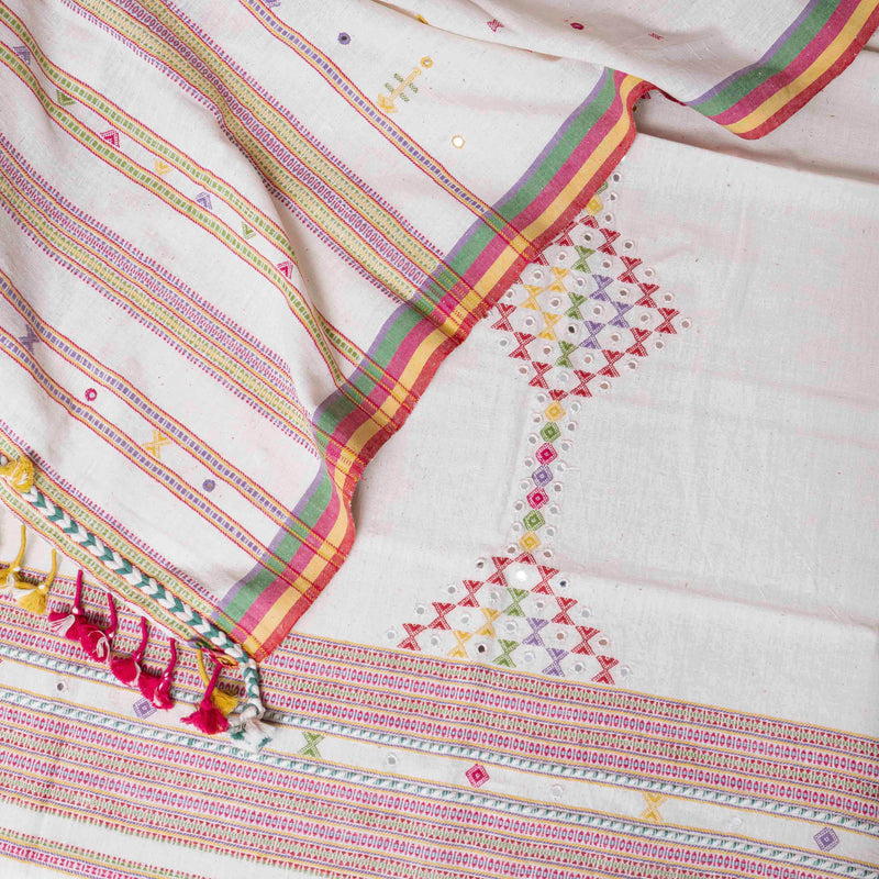 Handloom Kala Cotton Kurta Fabric With Mirror Work, Handloom Kala Cotton Bottom & Handloom Kala Cotton Designer Dupatta