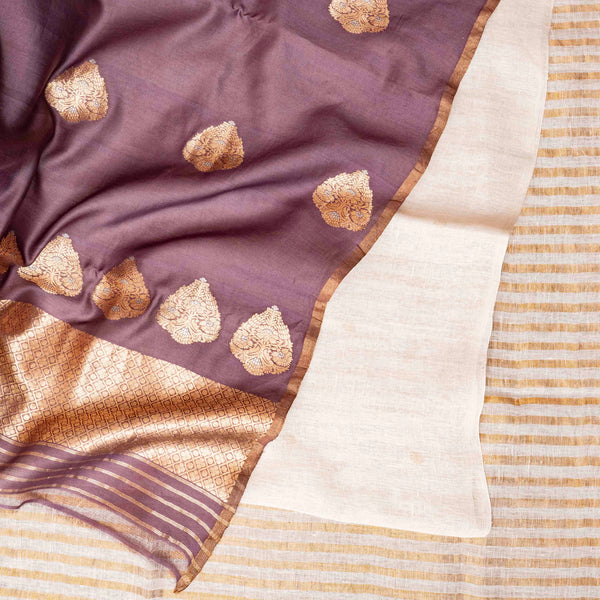 Handloom Linen Kurta Fabric, Handloom Linen Bottom Fabric With Golden Stripes & Handloom Cotton Silk Dupatta With Kadwa Weave