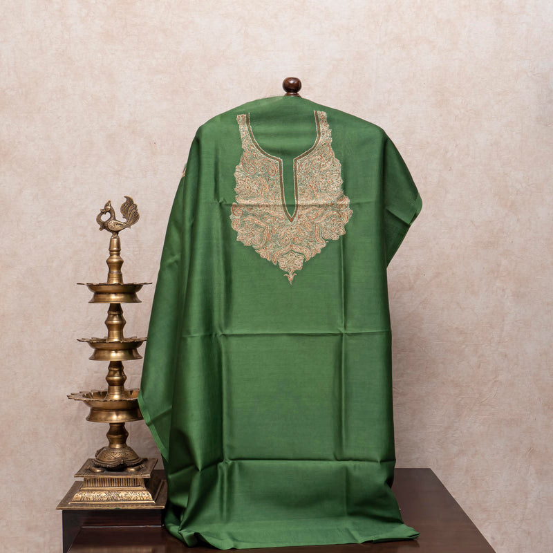Chanderi Kurta & Dupatta With Kashmiri Sozni Hand Embroidery - Green