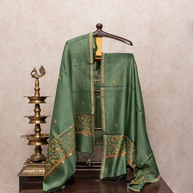 Chanderi Kurta & Dupatta With Kashmiri Sozni Hand Embroidery - Green