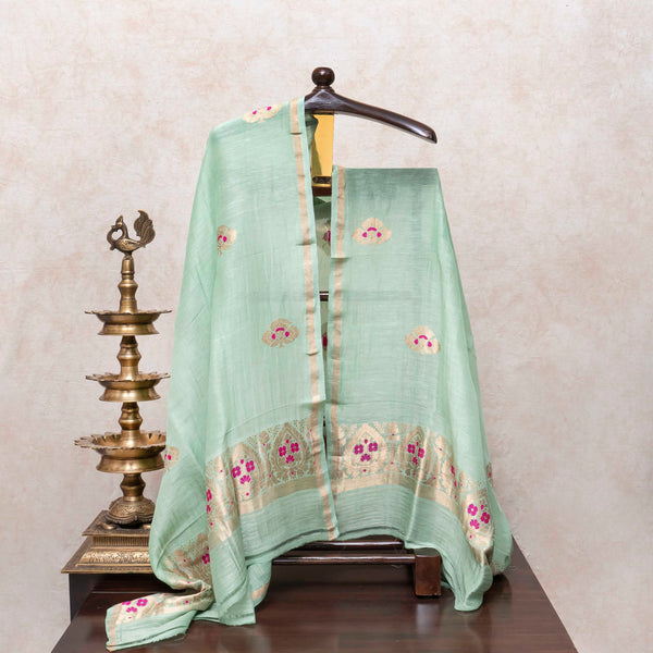 Pastel Mint Handloom Linen Silk Set with Kadwa Weave Detailing