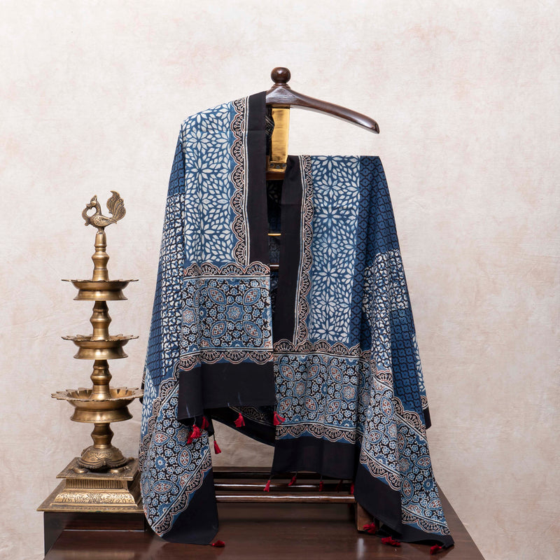 Midnight Mosaic: Hand Block Ajrakh Cotton Three-Piece Suit Set