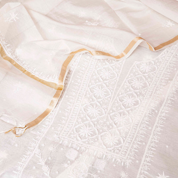 Mul Chanderi Kurta Fabric With Chikankari Hand Embroidery & Mul Chanderi Dupatta With Chikankari Hand Embroidery