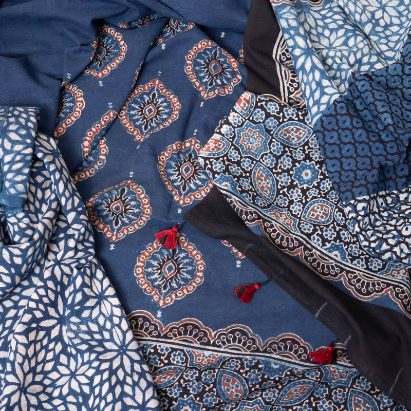Midnight Mosaic: Hand Block Ajrakh Cotton Three-Piece Suit Set