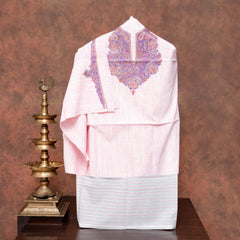 Handloom Cotton Kurta Fabric With Kashmiri Hand Embroidery & Cotton Bottom Fabric With Hand Block