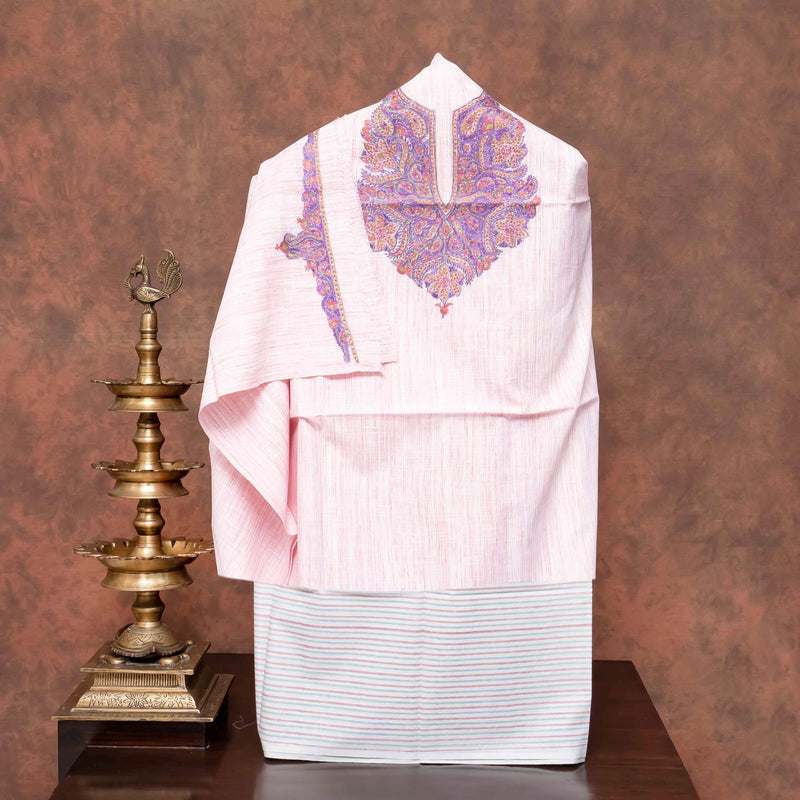 Handloom Cotton Kurta Fabric With Kashmiri Hand Embroidery & Cotton Bottom Fabric With Hand Block