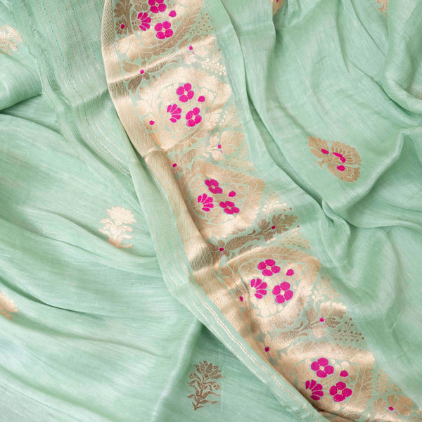 Pastel Mint Handloom Linen Silk Set with Kadwa Weave Detailing
