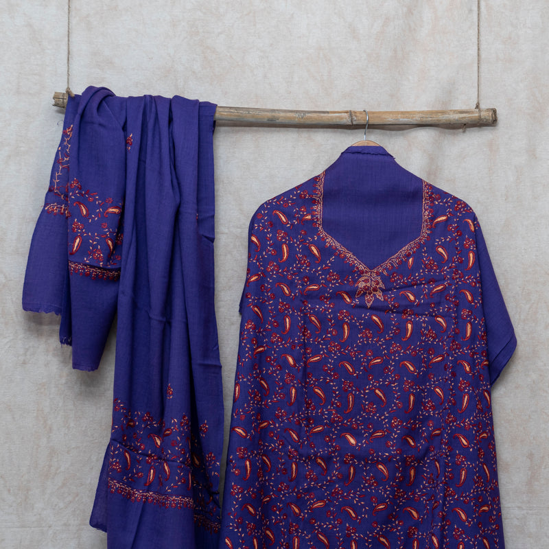 Purple Kashmiri Sozni Hand Embroidered Woollen Kurta & Bottom Fabric With Sozni Embroidery Wollen Stole
