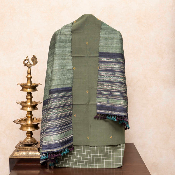 Handloom Handwoven Kala Cotton Kurta Fabric, Handloom Kala Cotton Bottom Fabric With Checks & Handloom Tussar Stole With Kutchi Weave