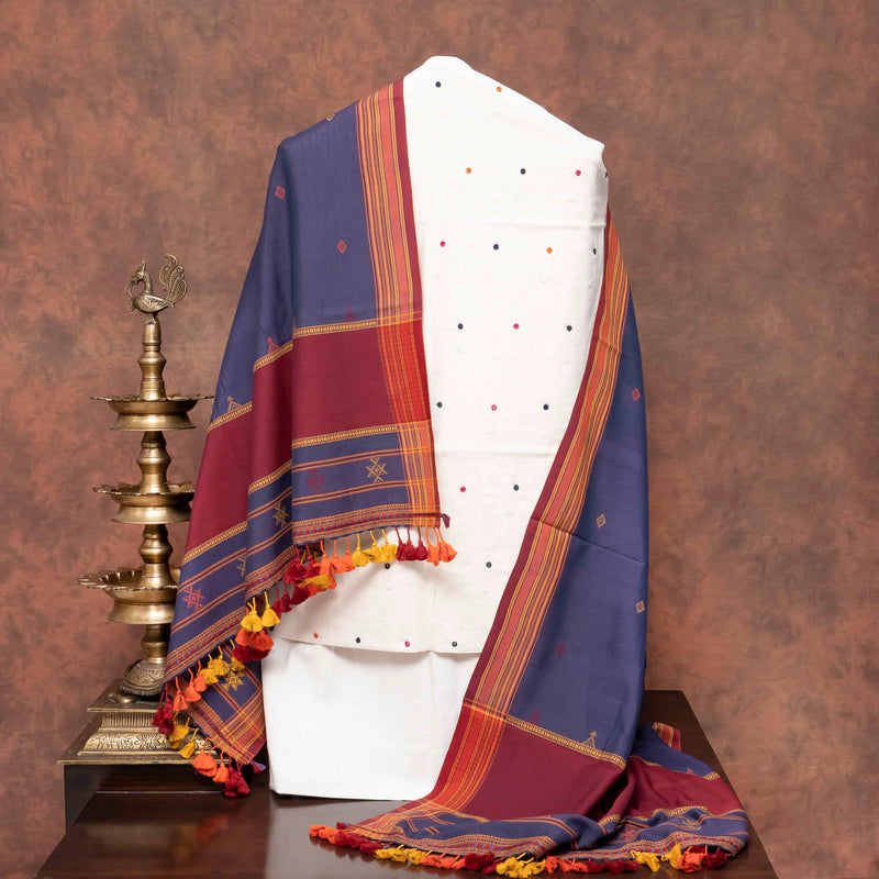 Handloom Kala Cotton Multicolour Mirror Kurta Fabric, Handloom Kala Cotton Bottom Fabric & Handloom Cotton Kutchi Weave Dupatta