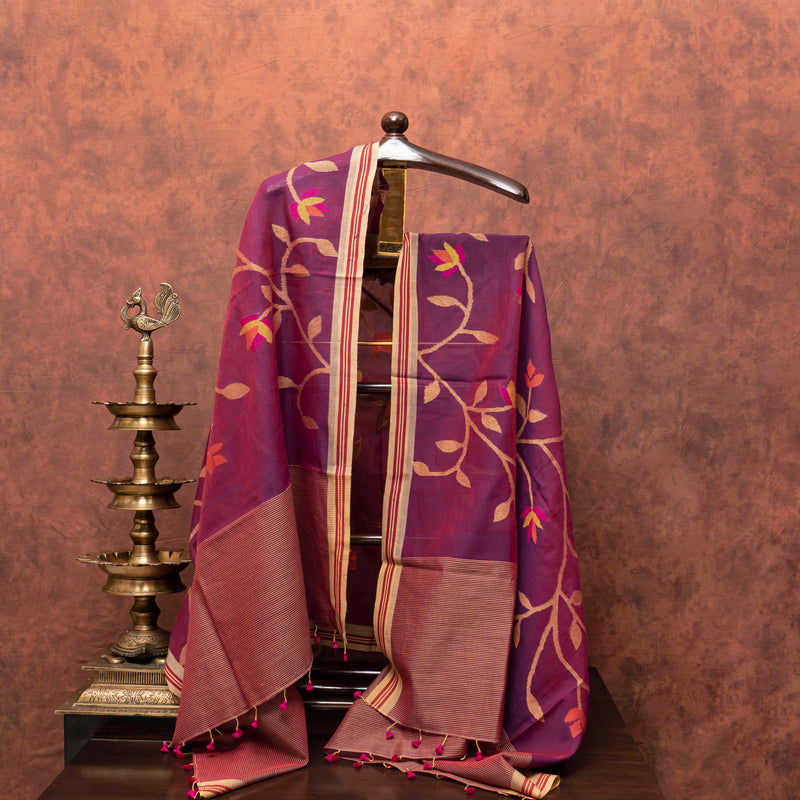 Handloom Kala Cotton Kurta With Hand Embroidered Multicoloured Mirror, Kala Cotton Bottom & Handloom Full Jaal Jamdani Dupatta