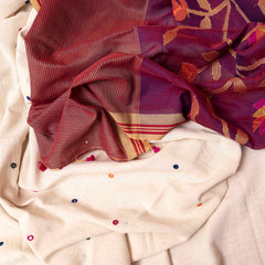 Handloom Kala Cotton Kurta With Hand Embroidered Multicoloured Mirror, Kala Cotton Bottom & Handloom Full Jaal Jamdani Dupatta
