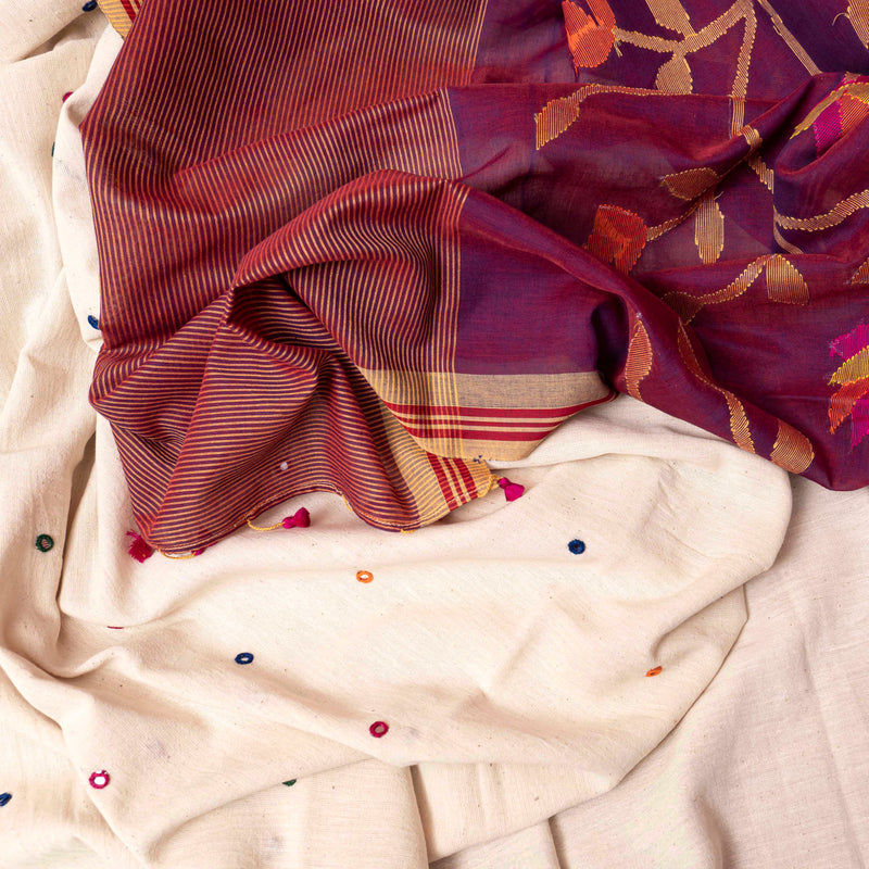 Handloom Kala Cotton Kurta With Hand Embroidered Multicoloured Mirror, Kala Cotton Bottom & Handloom Full Jaal Jamdani Dupatta