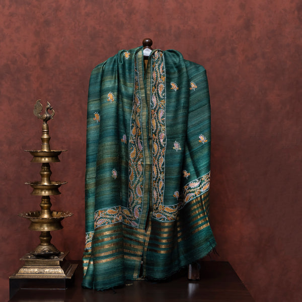 Pure Handloom Chanderi Kurta And Bottom Fabric With Tussar Silk Sozni Work Stole.