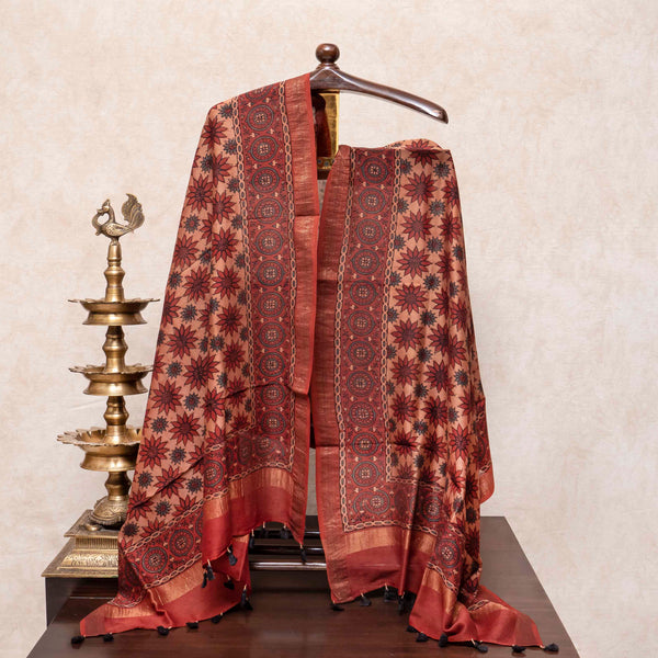Hand Block Ajrakh Mangal Giri Cotton Silk Red Dupatta