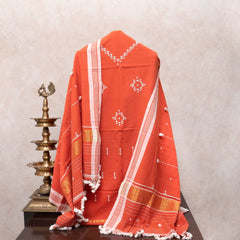 Vibrant Vermilion Handloom Kala Cotton Suit Set with Woven Dupatta