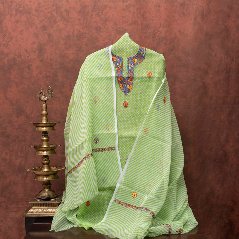 Kashmiri Hand Embroidered Kurta On Kota Fabric & Dupatta
