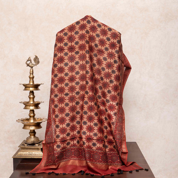 Hand Block Ajrakh Mangal Giri Cotton Silk Red Dupatta