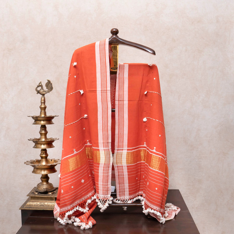 Vibrant Vermilion Handloom Kala Cotton Suit Set with Woven Dupatta