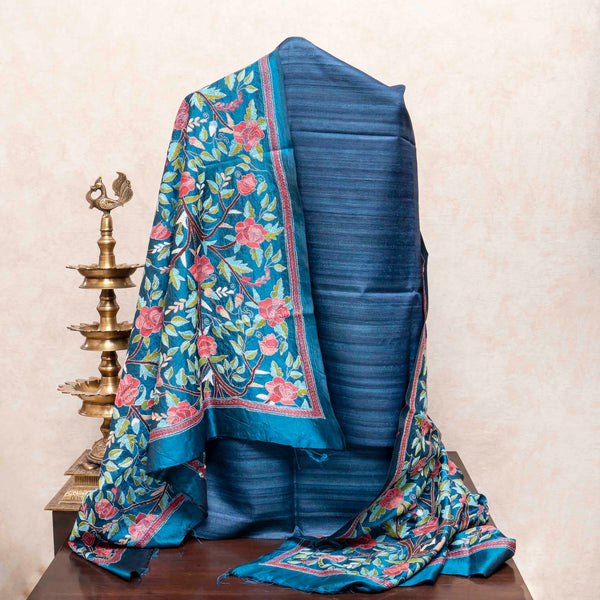 Handloom Handwoven Khadi Silk Kurta, Bottom Fabric & Hand Embroidered Kantha Silk Dupatta
