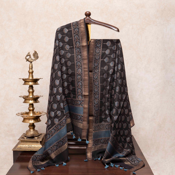 Hand Block Ajrakh Mangal Giri Cotton Silk Black Dupatta