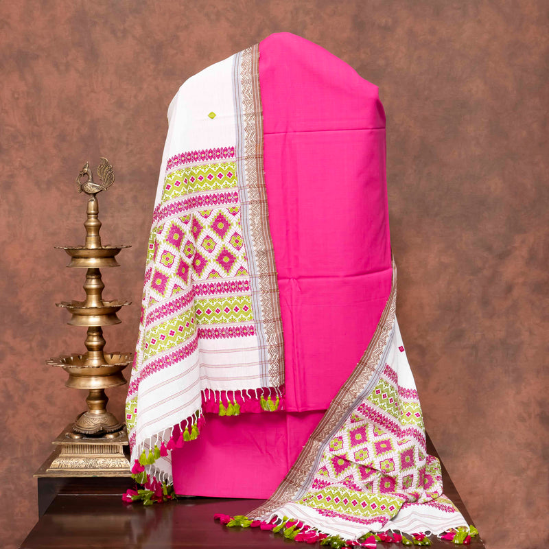 Handloom Cotton Kurta, Bottom Fabric & Handloom Cotton Dupatta With Multicolour Weave
