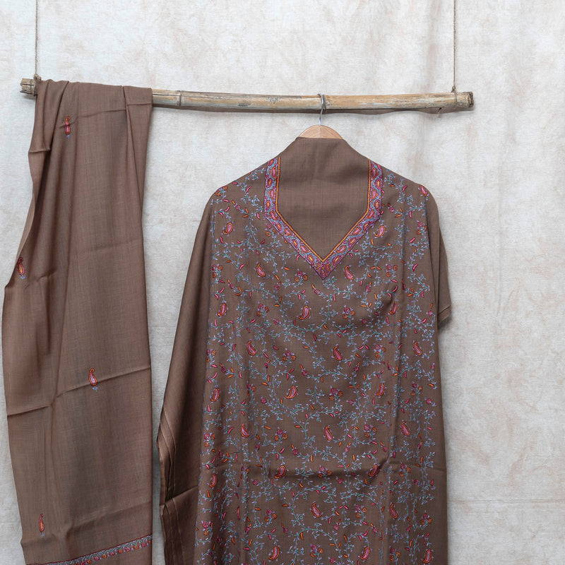 Kashmiri Sozni Hand Embroidered Woollen Kurta & Bottom Fabric With Sozni Embroidery Wollen Stole
