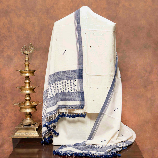 Handloom Kala Cotton Kurta Fabric With Mirror Work, Handloom Kala Cotton Bottom Fabric & Handloom Kala Cotton Dupatta With Mirror Work