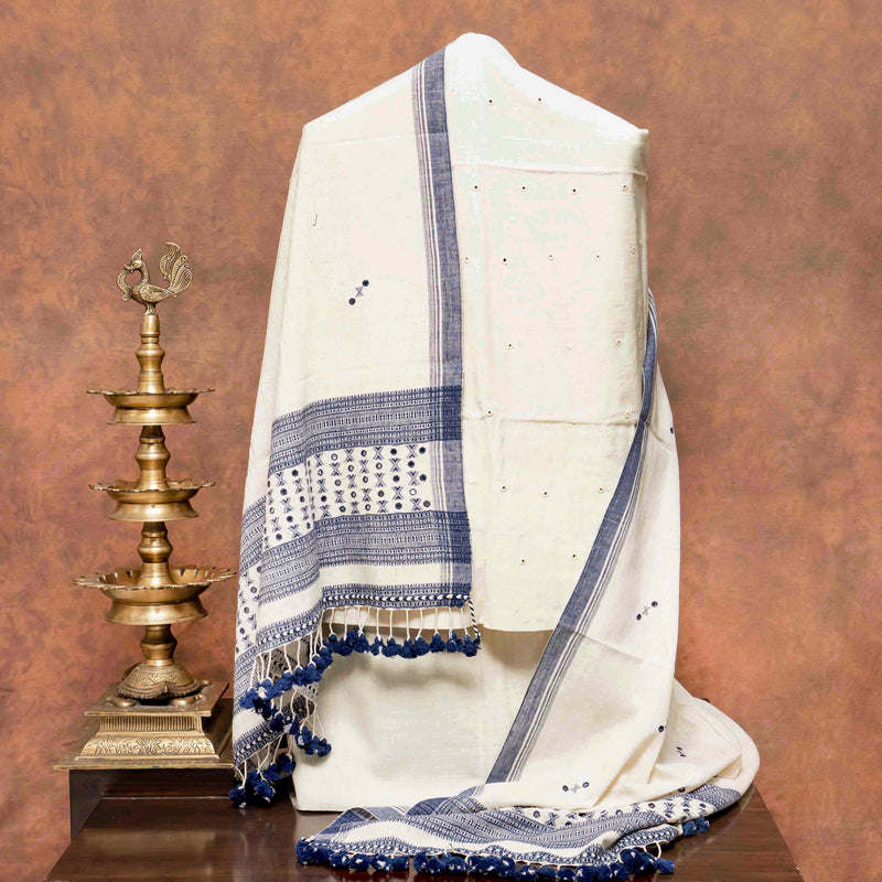 Handloom Kala Cotton Kurta Fabric With Mirror Work, Handloom Kala Cotton Bottom Fabric & Handloom Kala Cotton Dupatta With Mirror Work