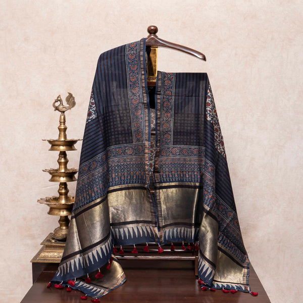 Hand Block Ajrakh Chanderi Silk Dupatta