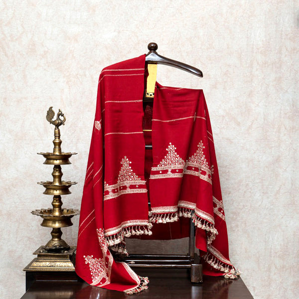 Red Handwoven Woollen Shawl With Mirror Handwork