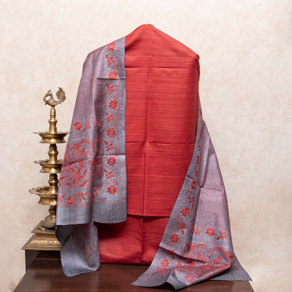 Handloom Khadi Silk Suit Fabric With Tussar Silk Hand Embroidery Kantha Dupatta